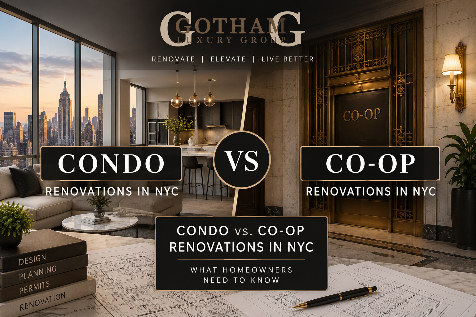 Condo vs. co-op renovations in NYC, comparing a luxury condo interior with a classic co-op building entrance and renovation planning materials.