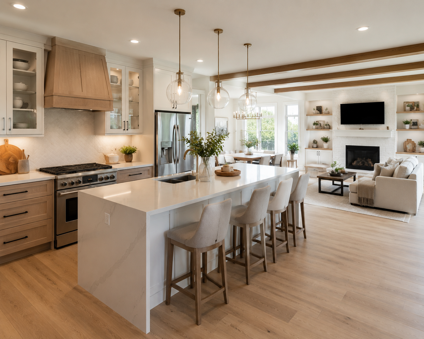 A bright open concept kitchen design showcasing modern finishes, functional layout, and a seamless kitchen-to-living area transformation.