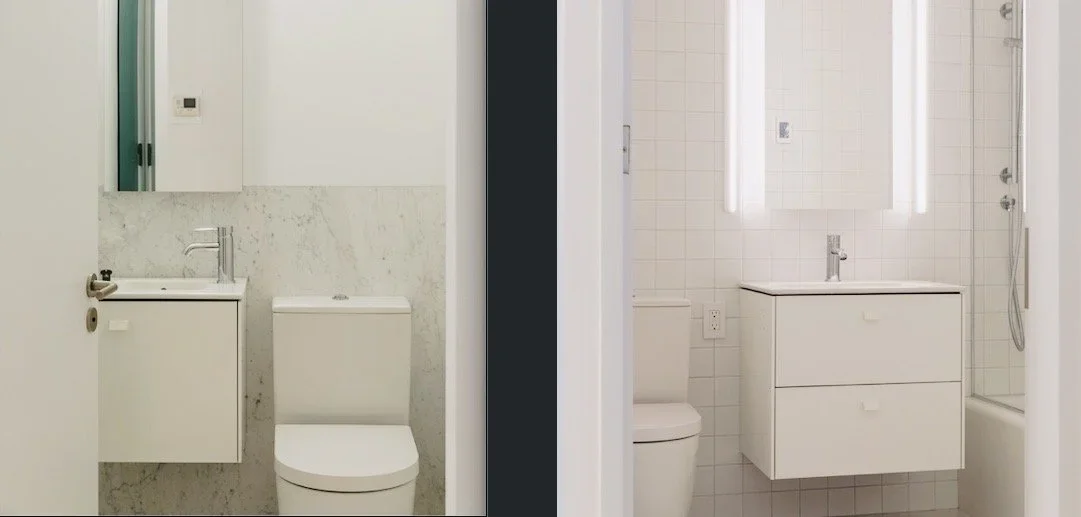 Two well-lit modern bathrooms, one with a toilet and marble backsplash, another with full tiled walls and a shower.